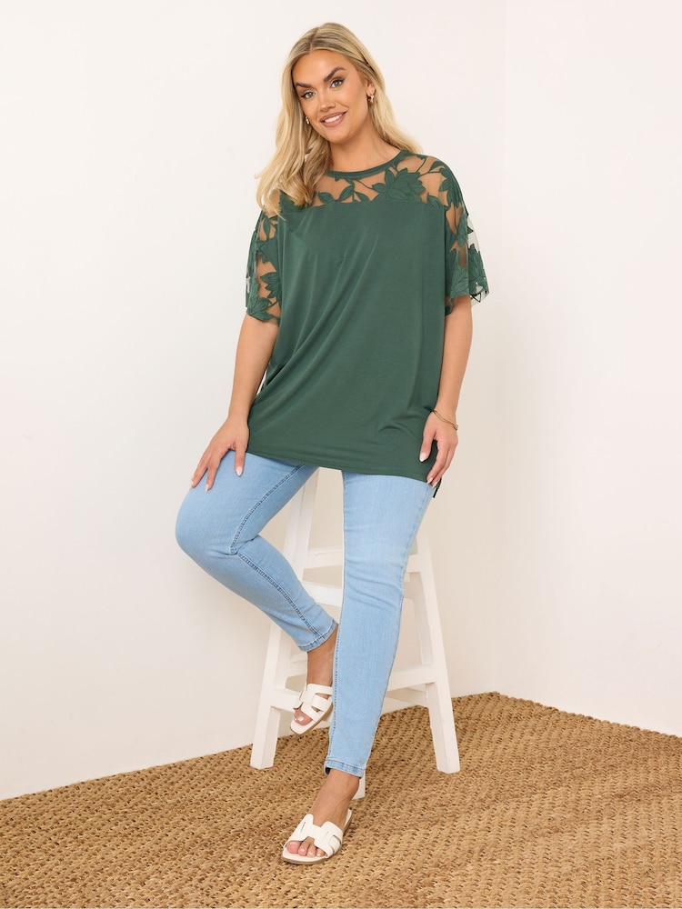 Yours Curve Green Boxy Burnout Panel T-Shirt - Image 1 of 5 Yours Curve Green Boxy Burnout Panel T-Shirt - Image 1 of 5