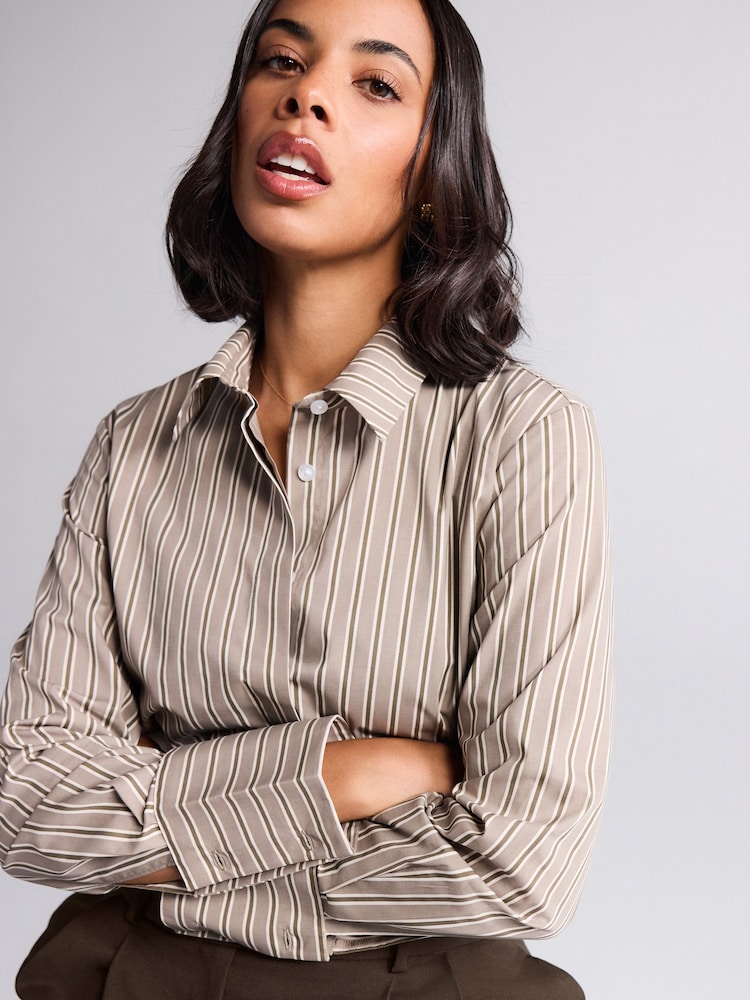 Mocha Brown Stripe Fitted Stretch Essential Long Sleeve Shirt - Image 1 of 7 Mocha Brown Stripe Fitted Stretch Essential Long Sleeve Shirt - Image 1 of 7