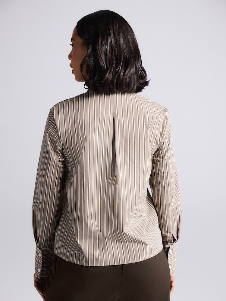 Mocha Brown Stripe Fitted Stretch Essential Long Sleeve Shirt - Image 2 of 7 Mocha Brown Stripe Fitted Stretch Essential Long Sleeve Shirt - Image 2 of 7