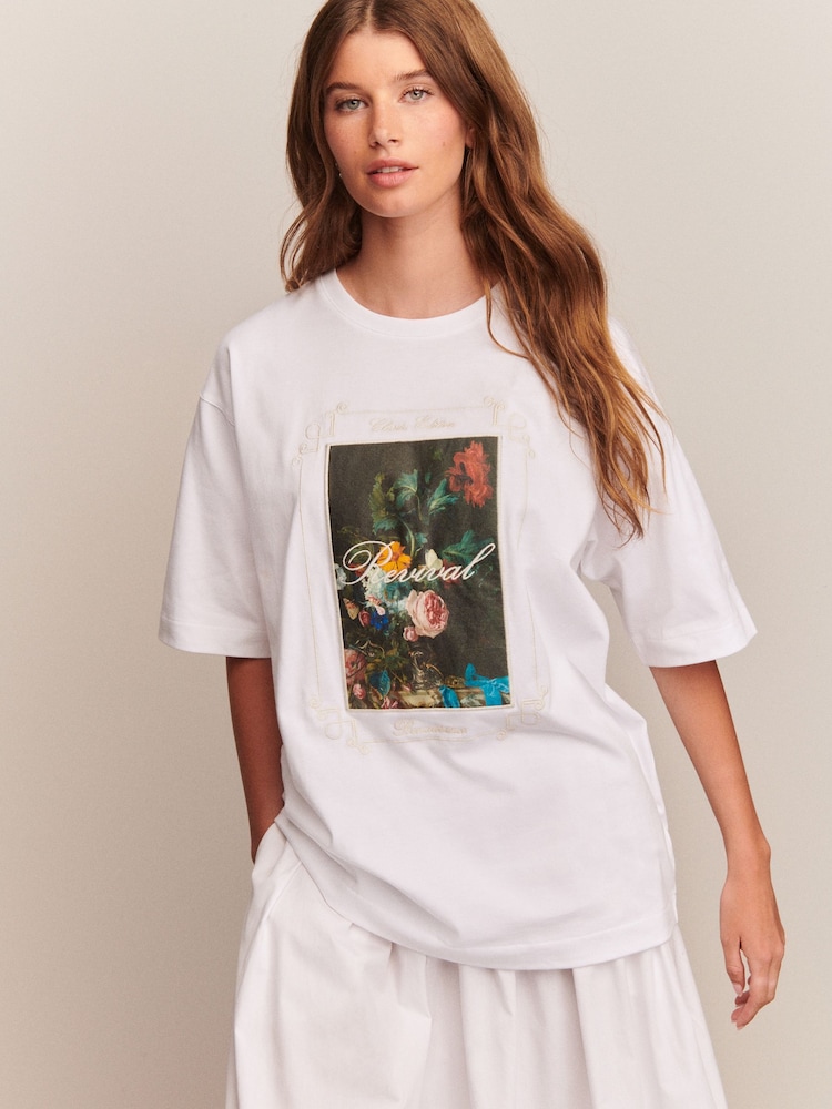 White Floral Graphic Embrodiered T-Shirt - Image 1 of 8