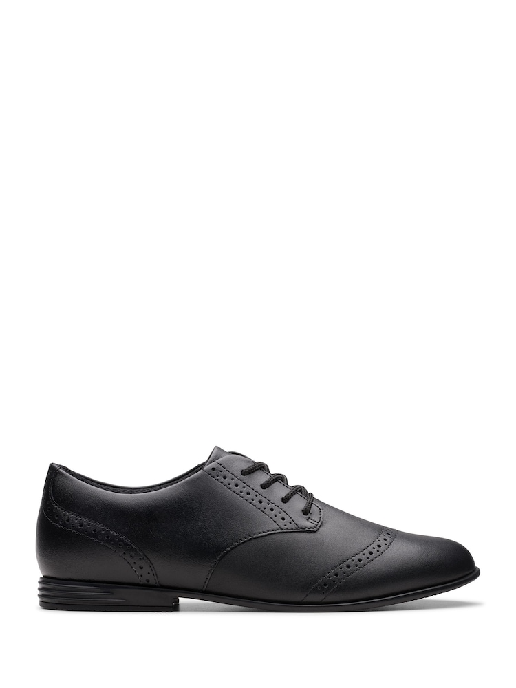 Clarks Black Extra Wide Fit (H) Leather Finja Brogue Youth Shoes - Image 1 of 7