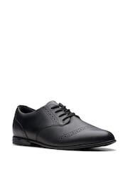 Clarks Black Extra Wide Fit (H) Leather Finja Brogue Youth Shoes - Image 3 of 7