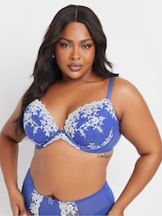 Yours Curve Blue Contrast Lace Plunge Bra - Image 1 of 5