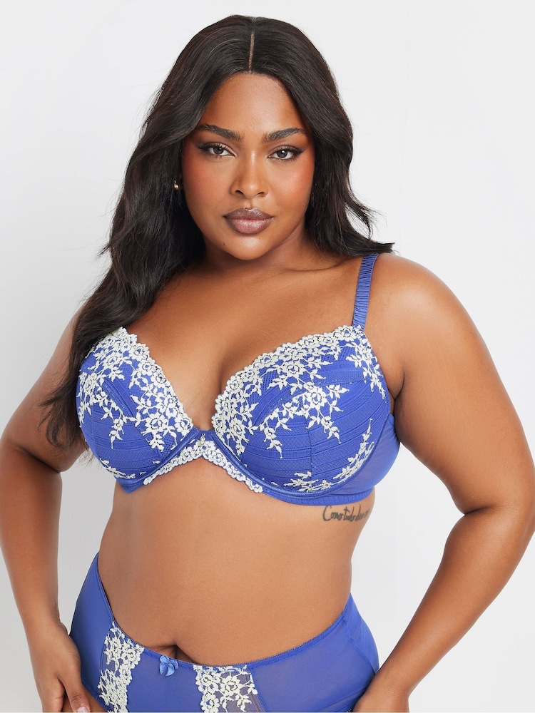 Yours Curve Blue Contrast Lace Plunge Bra - Image 1 of 5