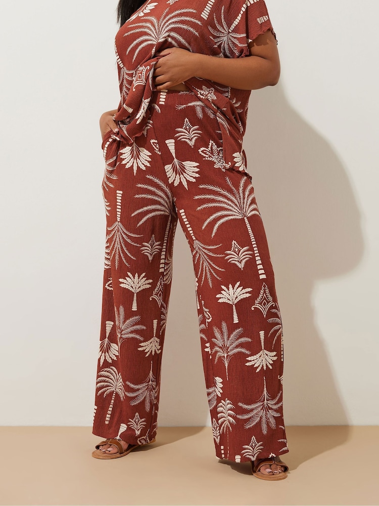 Yours Curve Brown Dry Plisse Co-Ord Trousers - Image 1 of 5