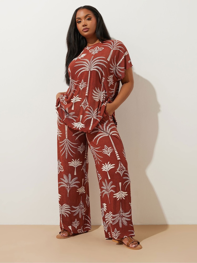 Yours Curve Brown Dry Plisse Co-Ord Trousers - Image 2 of 5