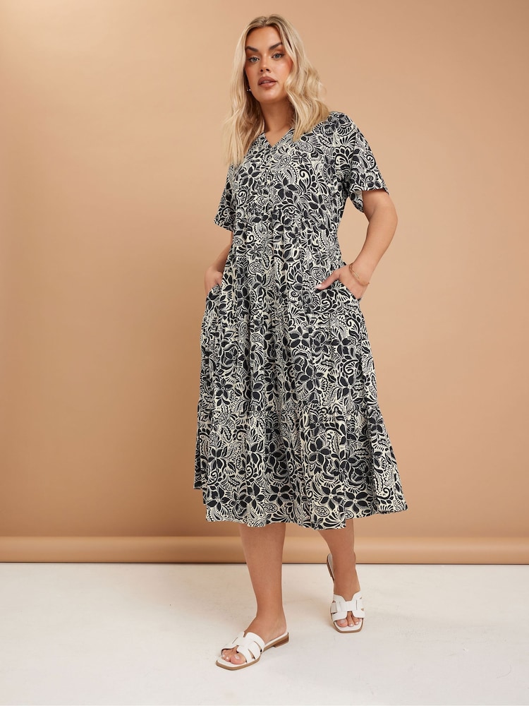 Yours Curve Black Tiered Boho 100% Cotton Dress - Image 2 of 5