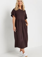 Yours Curve Brown 100% Cotton Frill Midaxi Dress - Image 1 of 4