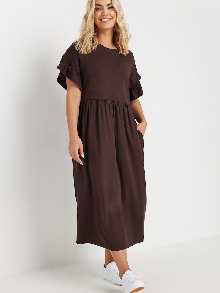 Yours Curve Brown 100% Cotton Frill Midaxi Dress - Image 1 of 4