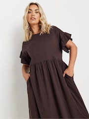 Yours Curve Brown 100% Cotton Frill Midaxi Dress - Image 3 of 4