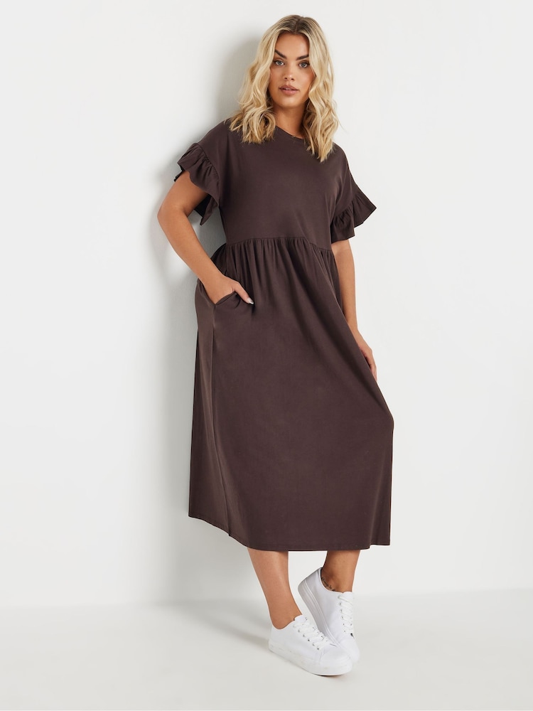Yours Curve Brown 100% Cotton Frill Midaxi Dress - Image 4 of 4