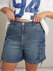 Yours Curve Blue Cargo Denim Shorts - Image 2 of 6