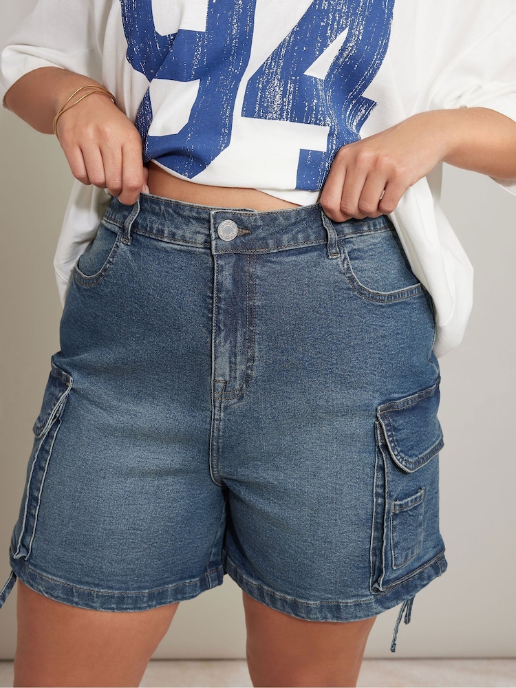 Yours Curve Blue Cargo Denim Shorts - Image 2 of 6