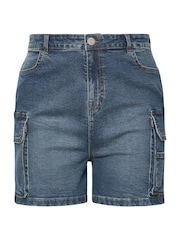 Yours Curve Blue Cargo Denim Shorts - Image 4 of 6