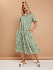 Yours Curve Green Tiered 100% Cotton Dress - Image 1 of 5