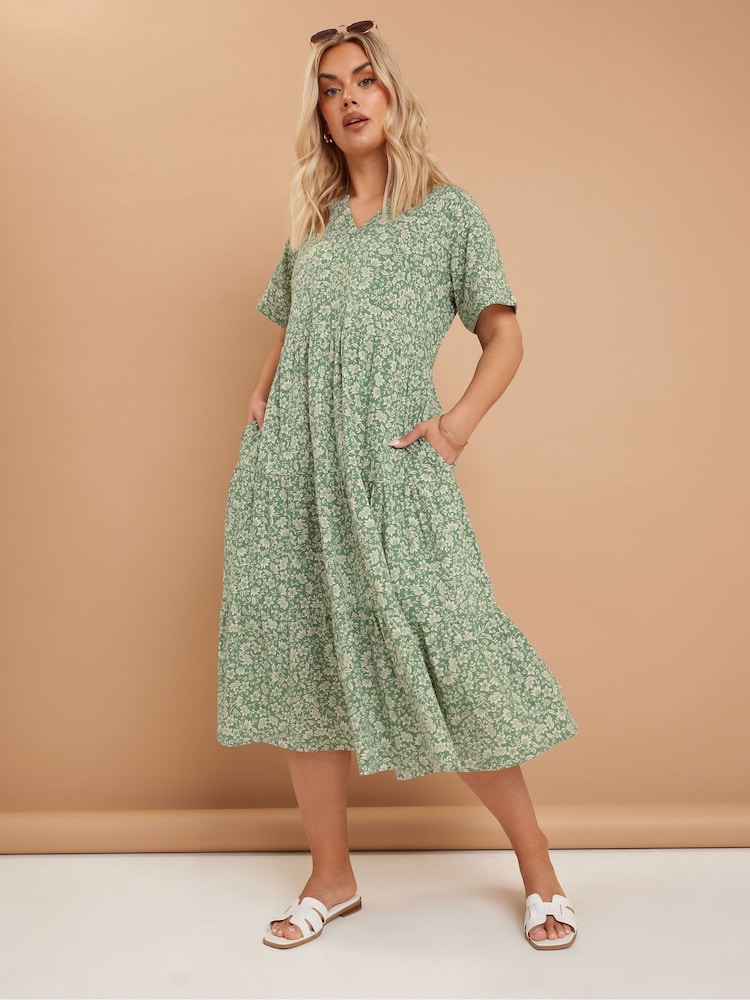 Yours Curve Green Tiered 100% Cotton Dress - Image 1 of 5