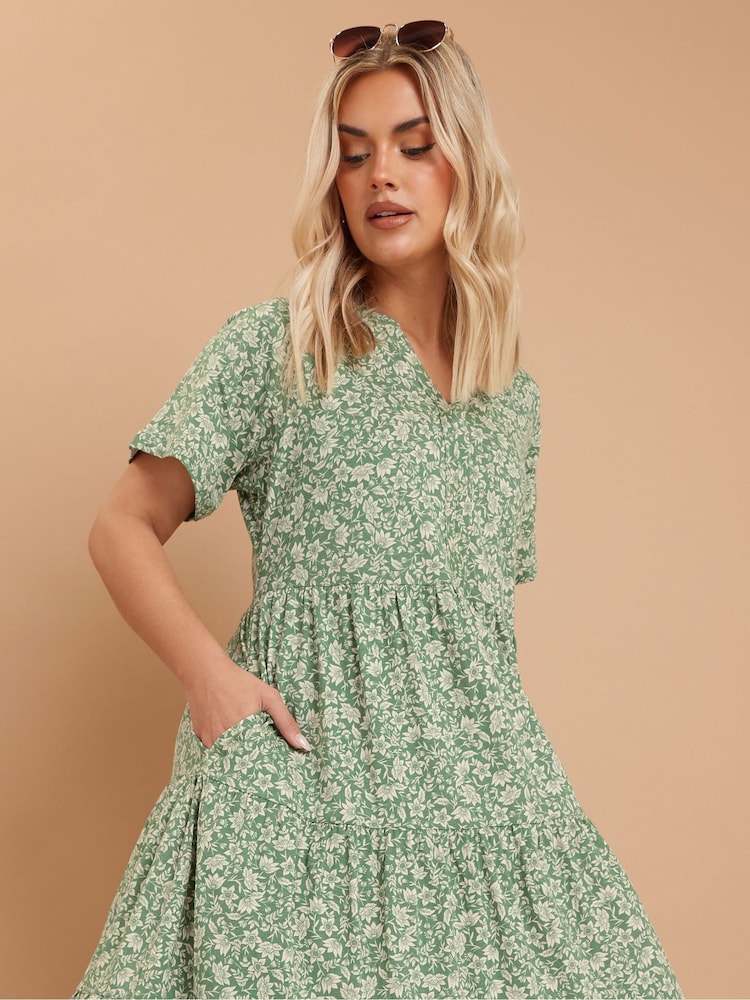 Yours Curve Green Tiered 100% Cotton Dress - Image 2 of 5