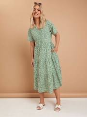 Yours Curve Green Tiered 100% Cotton Dress - Image 4 of 5