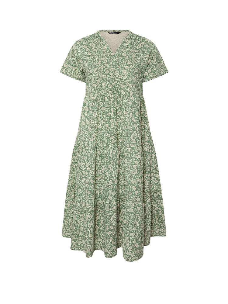 Yours Curve Green Tiered 100% Cotton Dress - Image 5 of 5