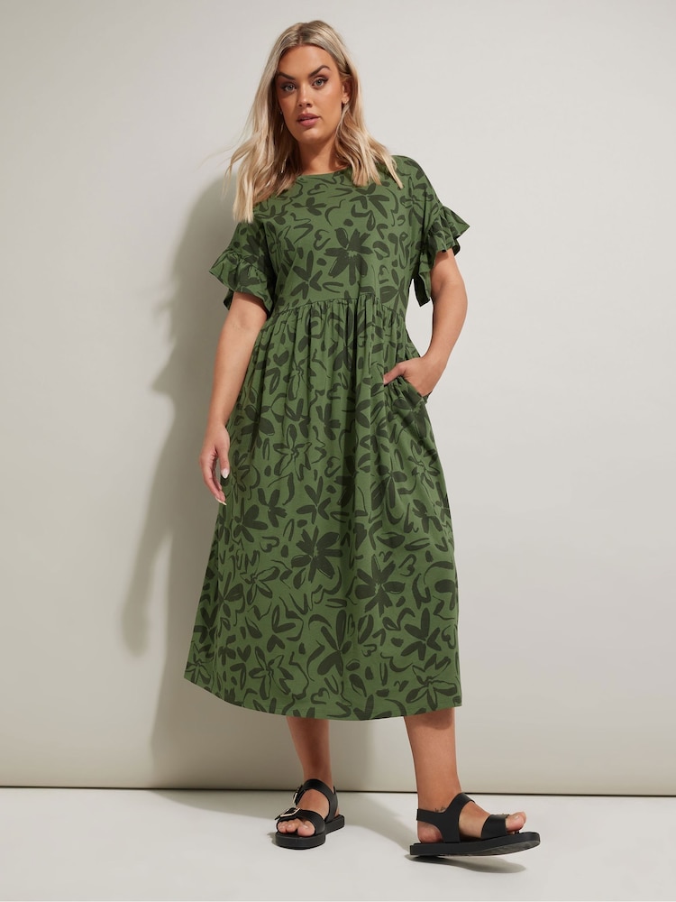 Yours Curve Green 100% Cotton Frill Midaxi Dress - Image 1 of 5
