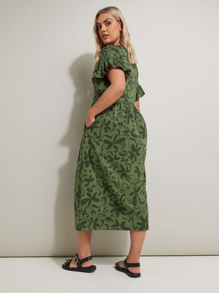Yours Curve Green 100% Cotton Frill Midaxi Dress - Image 2 of 5