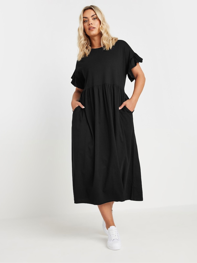 Yours Curve Black 100% Cotton Frill Midaxi Dress - Image 1 of 5