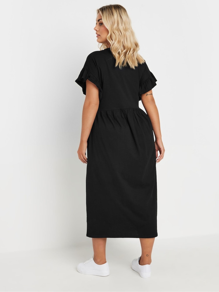 Yours Curve Black 100% Cotton Frill Midaxi Dress - Image 3 of 5