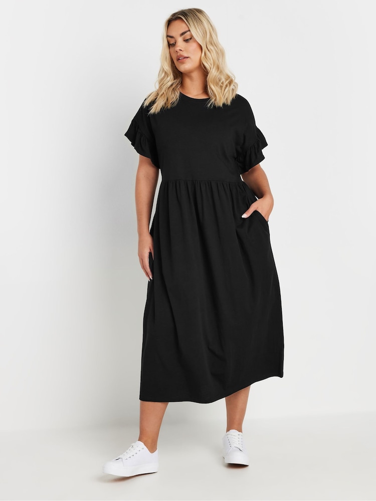 Yours Curve Black 100% Cotton Frill Midaxi Dress - Image 4 of 5