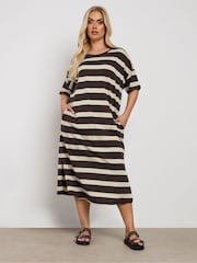 Yours Curve Brown Drop Shoulder Striped Throw On 100% Cotton Dress - Image 1 of 5