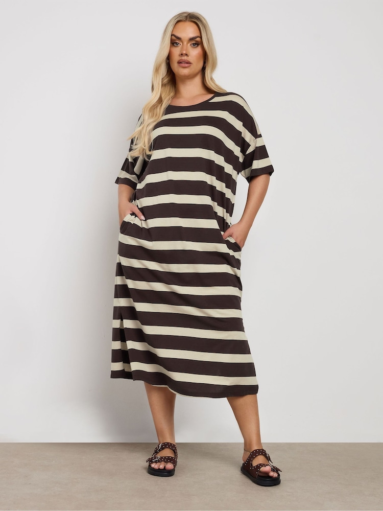 Yours Curve Brown Drop Shoulder Striped Throw On 100% Cotton Dress - Image 1 of 5