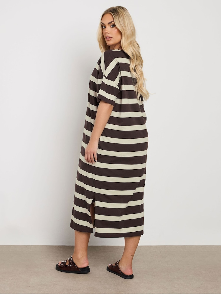 Yours Curve Brown Drop Shoulder Striped Throw On 100% Cotton Dress - Image 2 of 5