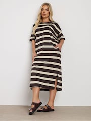 Yours Curve Brown Drop Shoulder Striped Throw On 100% Cotton Dress - Image 3 of 5