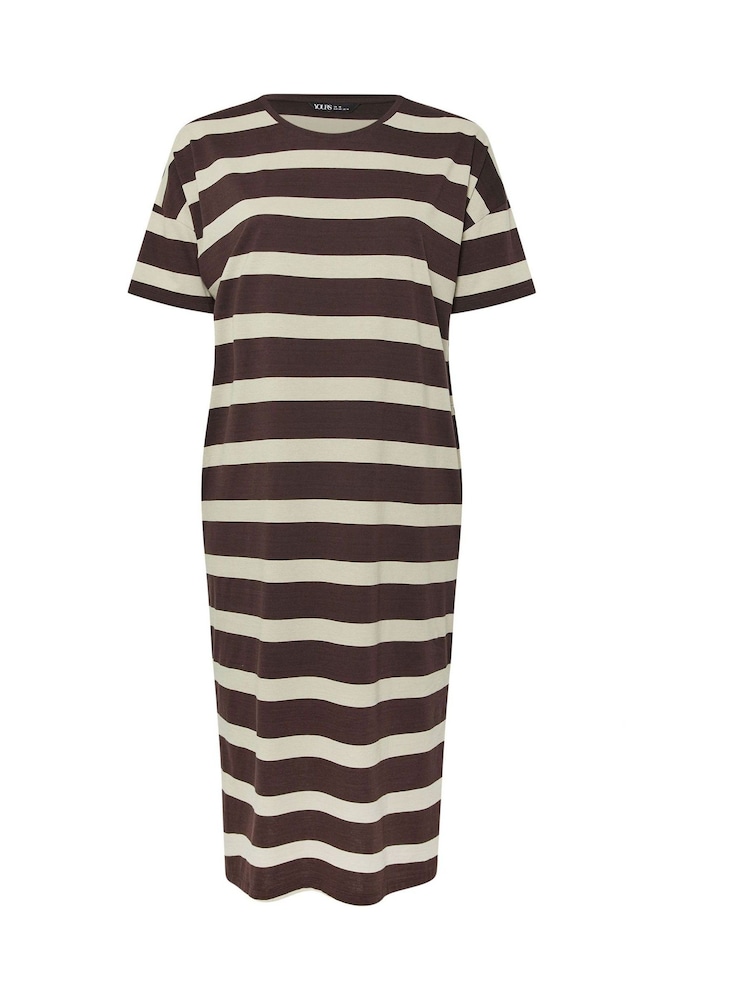 Yours Curve Brown Drop Shoulder Striped Throw On 100% Cotton Dress - Image 5 of 5