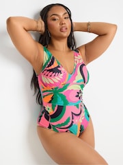 Yours Curve Pink Floral Plunge Swimsuit - Image 1 of 7