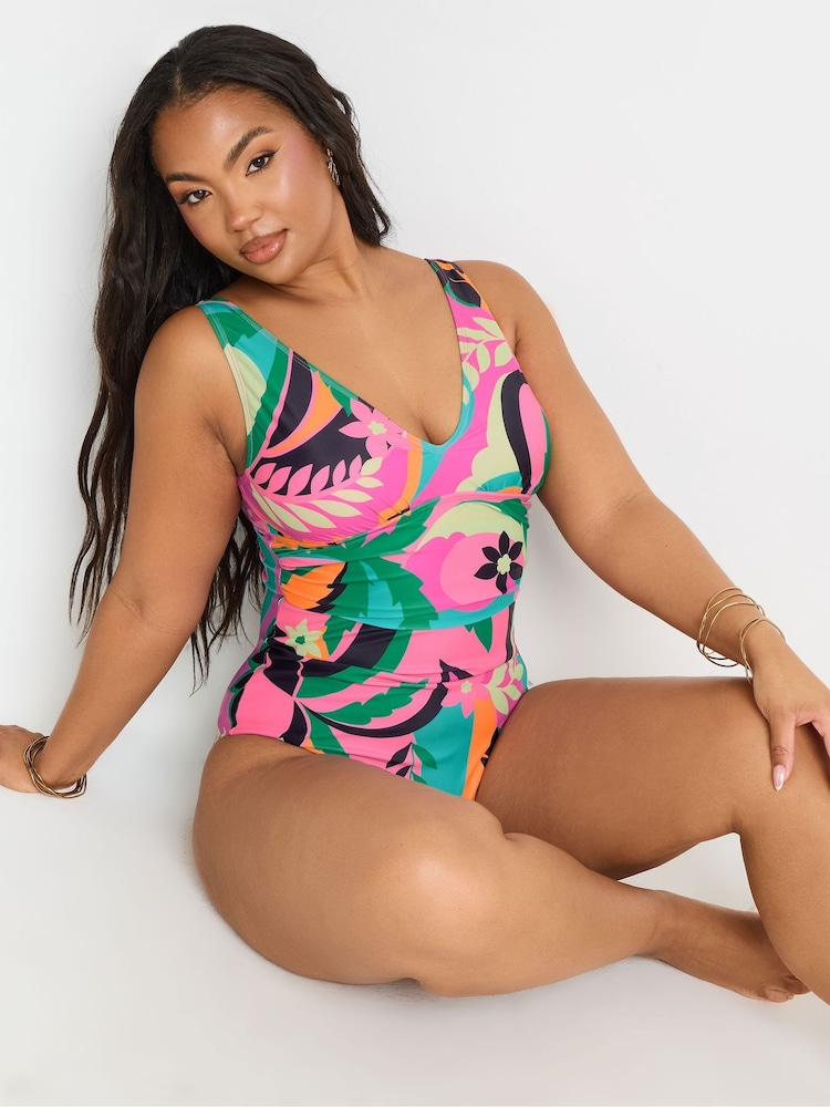 Yours Curve Pink Floral Plunge Swimsuit - Image 2 of 7