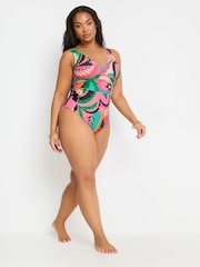 Yours Curve Pink Floral Plunge Swimsuit - Image 3 of 7
