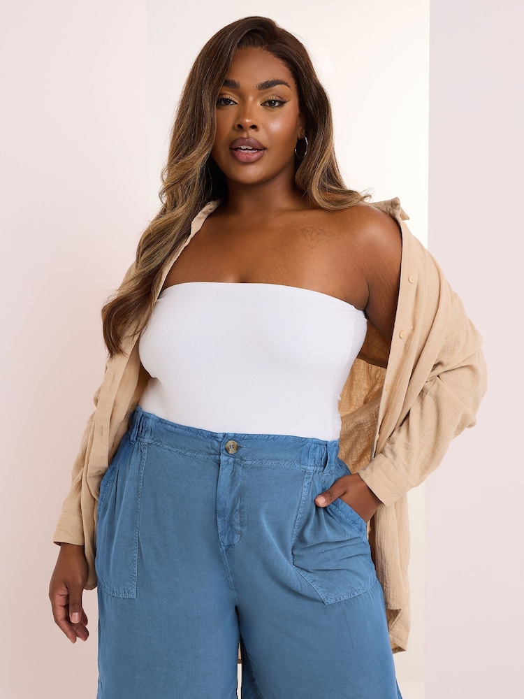 Yours Curve Blue Chambray Elastic Waist Shorts - Image 1 of 5