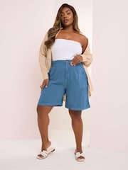 Yours Curve Blue Chambray Elastic Waist Shorts - Image 2 of 5