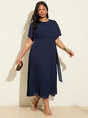 Friends Like These Navy Curve Angel Sleeve Chiffon Pleat Midi Dress - Image 1 of 4