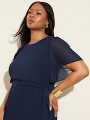 Friends Like These Navy Curve Angel Sleeve Chiffon Pleat Midi Dress - Image 2 of 4