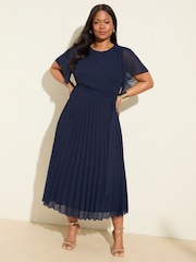 Friends Like These Navy Curve Angel Sleeve Chiffon Pleat Midi Dress - Image 3 of 4