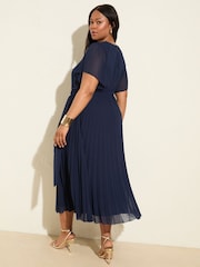 Friends Like These Navy Curve Angel Sleeve Chiffon Pleat Midi Dress - Image 4 of 4