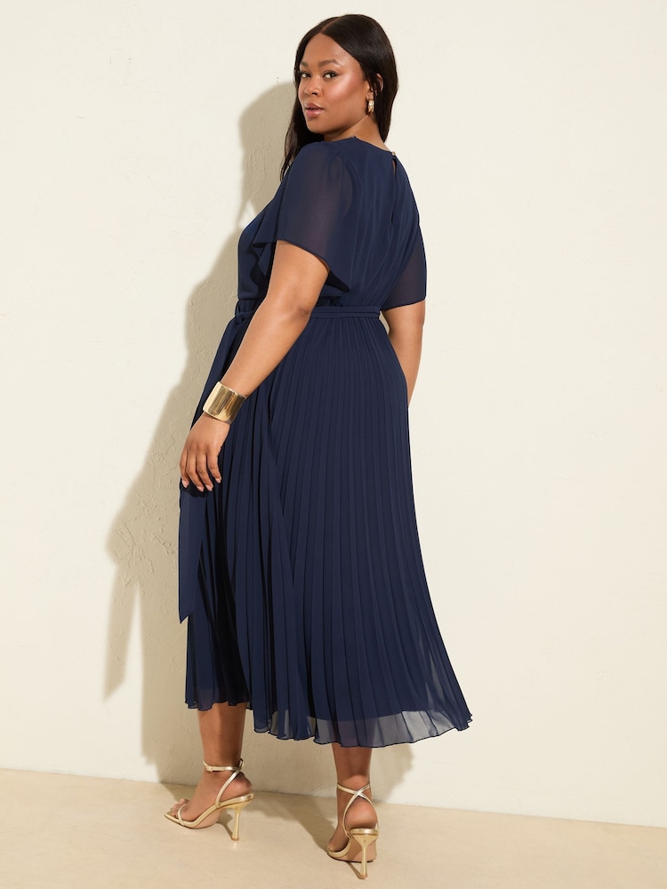 Friends Like These Navy Curve Angel Sleeve Chiffon Pleat Midi Dress - Image 4 of 4