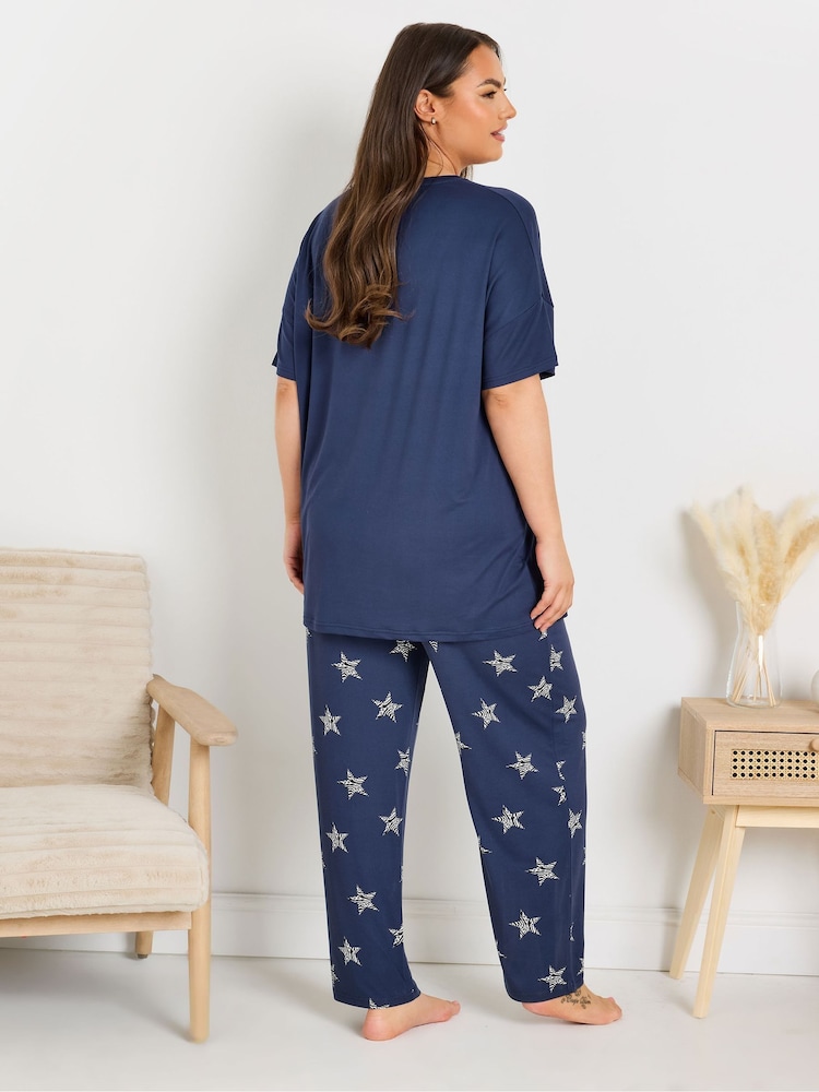 Yours Curve Blue Free Spirit Dreamer Wide Leg Pyjamas Set - Image 3 of 5