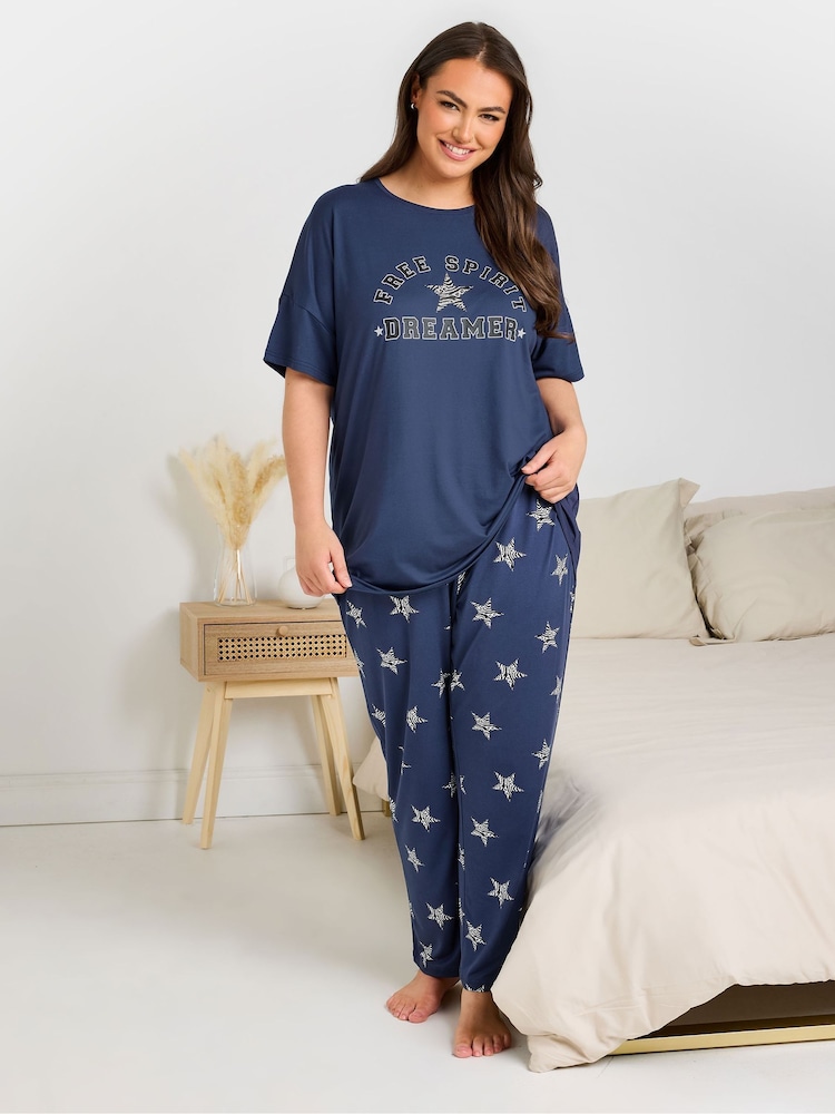 Yours Curve Blue Free Spirit Dreamer Wide Leg Pyjamas Set - Image 4 of 5