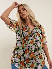 Yours Curve Black Frill Neck Lined Blouse - Image 1 of 5