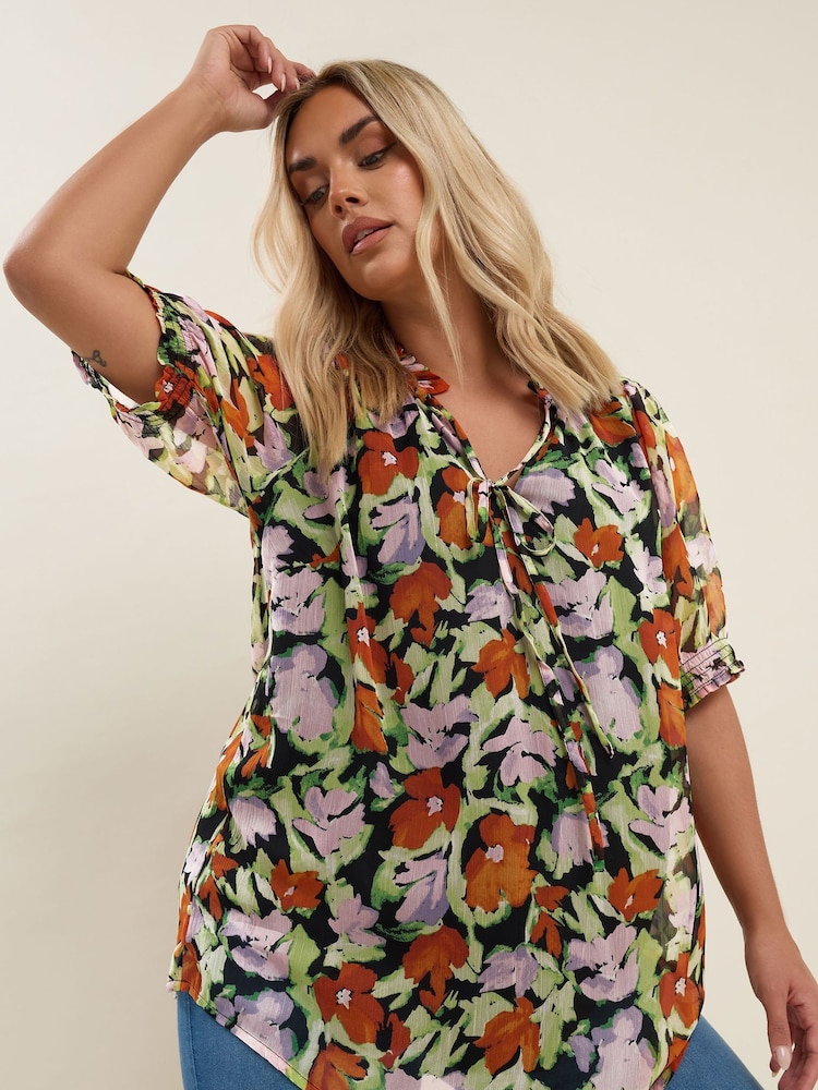 Yours Curve Black Frill Neck Lined Blouse - Image 1 of 5