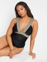 Yours Curve Black Metallic Tape Plunge Swimsuit - Image 4 of 7