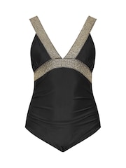Yours Curve Black Metallic Tape Plunge Swimsuit - Image 6 of 7
