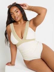 Yours Curve White Metallic Tape Plunge Swimsuit - Image 1 of 7